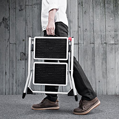 Delxo 2 Step Stool Stepladders Lightweight White Folding Step Ladder with Handgrip Anti-Slip Sturdy and Wide Pedal Steel Ladder Mini-Stool 250lbs 2-Feet