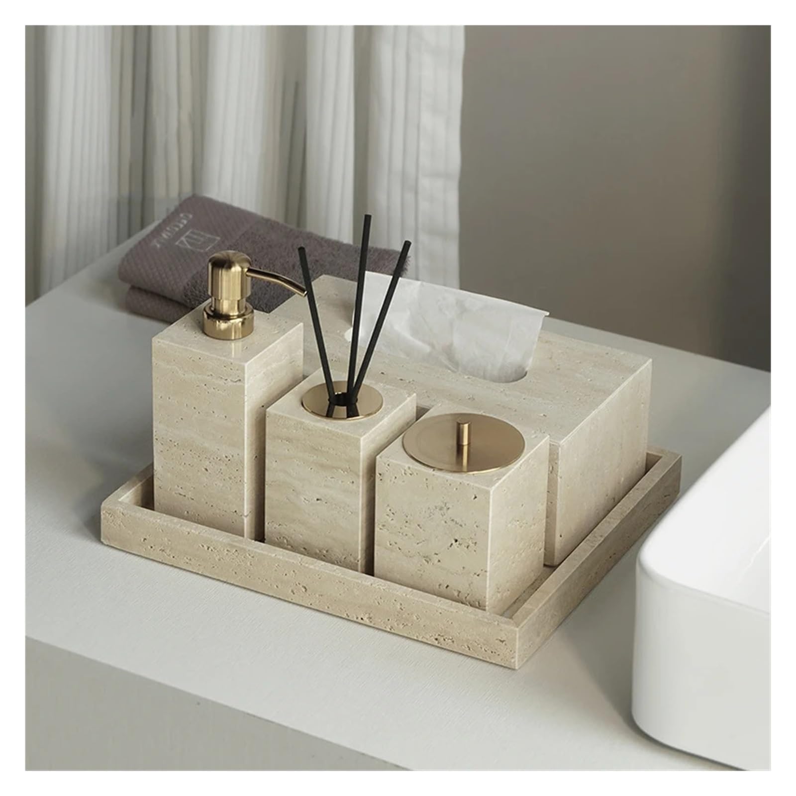 Badezimmer Set Badezimmerset aus Travertin | Luxuriöser Seifenspender, Taschentuchbox, Waschtisch-Tablett, Zubehör(Cup)