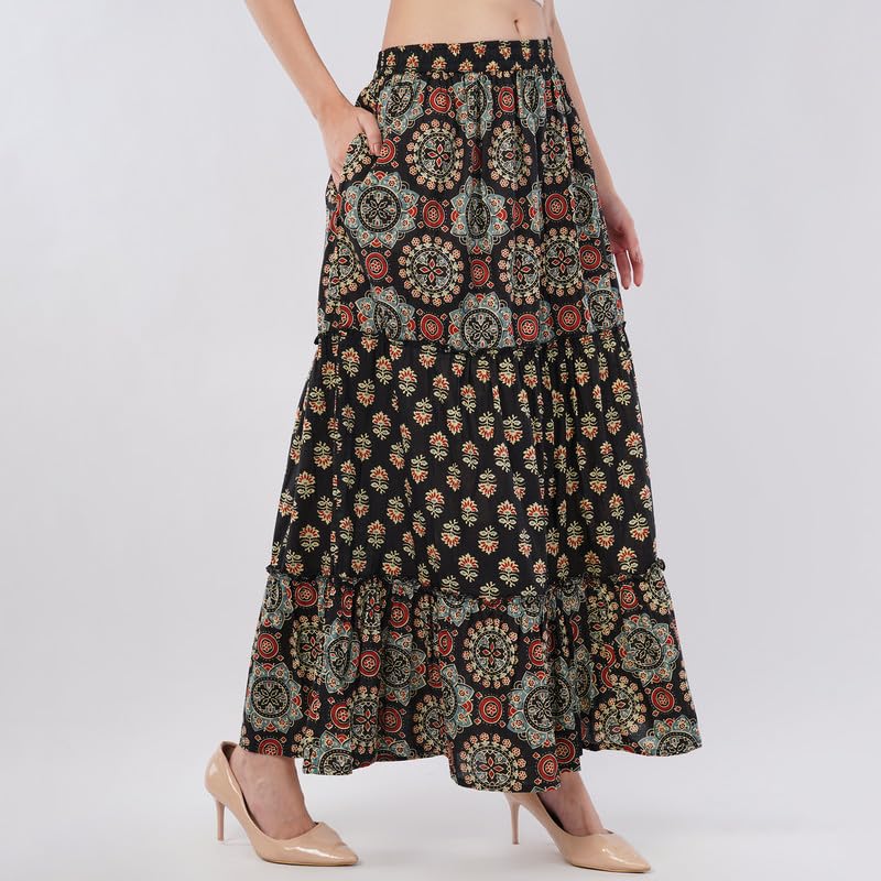 Rabhika Women’s Black Patterned Pure Cotton Tiered Maxi Skirt, Lightweight Breathable Fabric, Stylish Everyday Outfit| XL 1