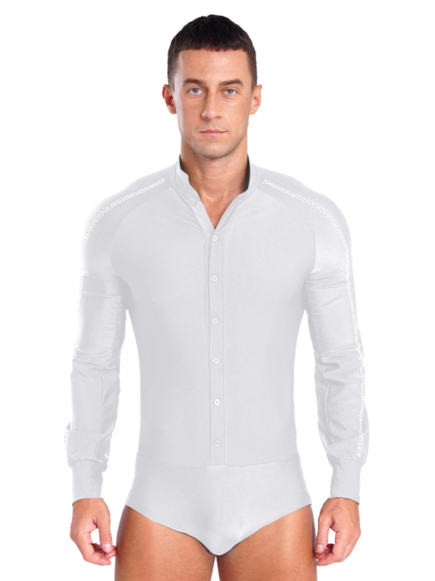 easyforever Mens Shiny Rhinestones Long Sleeve Latin Dance Shirt Leotard Unitard Ballroom Dance Costume White Medium