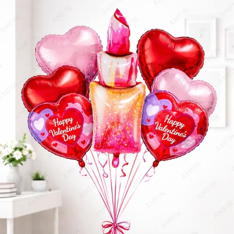 Image of AMFIN (Pack of 7) Happy Valentine's Day Balloon Decoration Set | Romantic Heart Foil Bouquet Metallic Helium Bunch Proposal Anniversary Celebration Party Decor - Red Purple