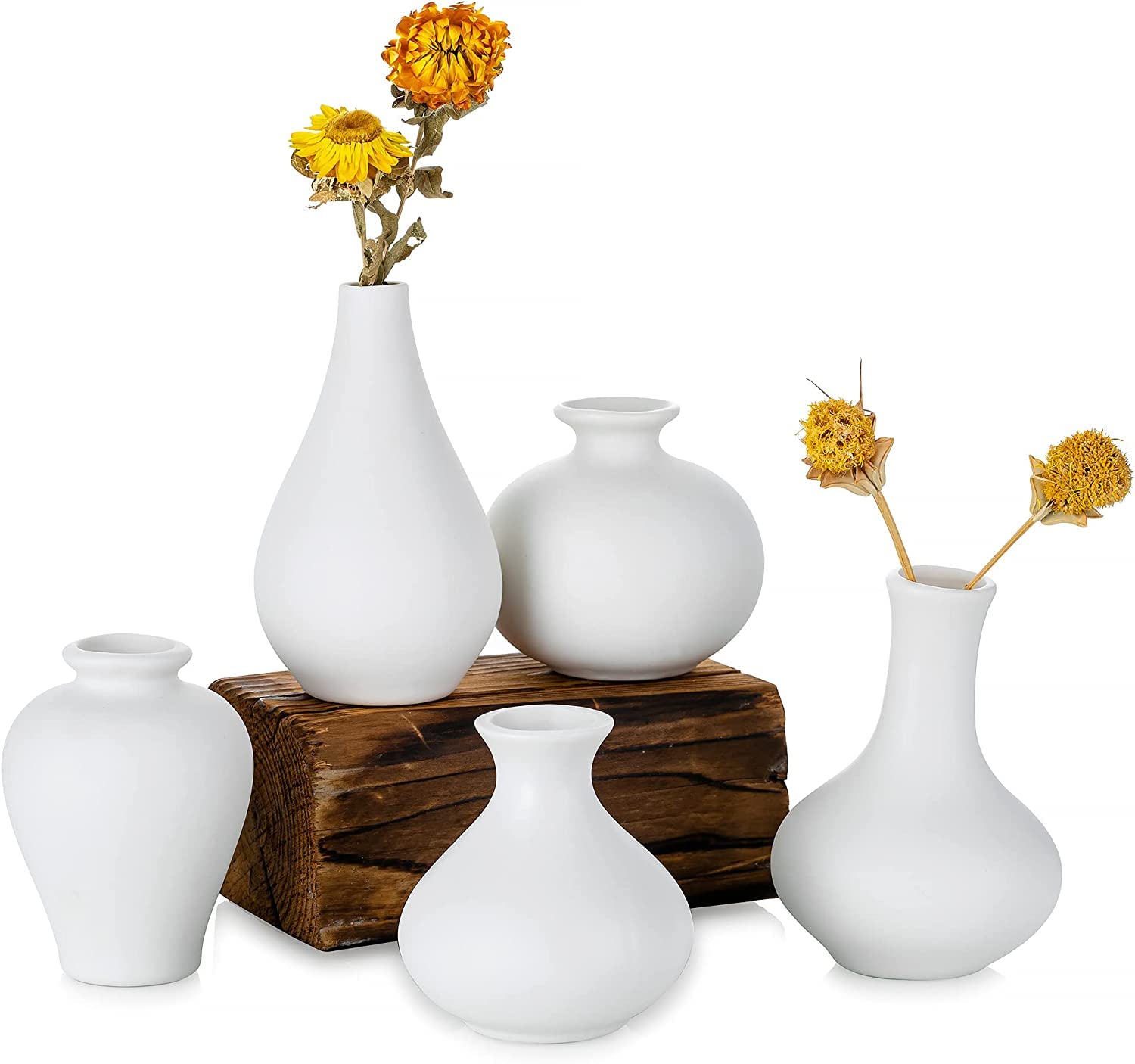 AiheArron Ceramic Vases Set of 5 Small Flower Vases for Home Decor,Modern Farmhouse Round Vase,Decorative Vase for Pampas Grass Dried Flowers,Room Décor,Bookshelf,Mantel (White)