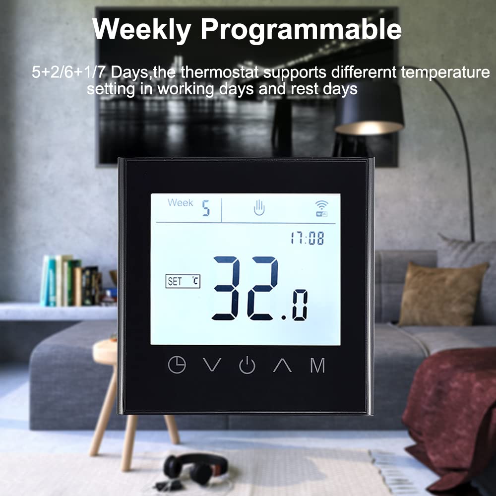 Thermostat WiFi programmable Touch Screen Tuya Smart Régulateur de température pour chaudière électrique/eau/gaz chaudière chaude contrôleur de chauffage au sol (chaudière à gaz noire)