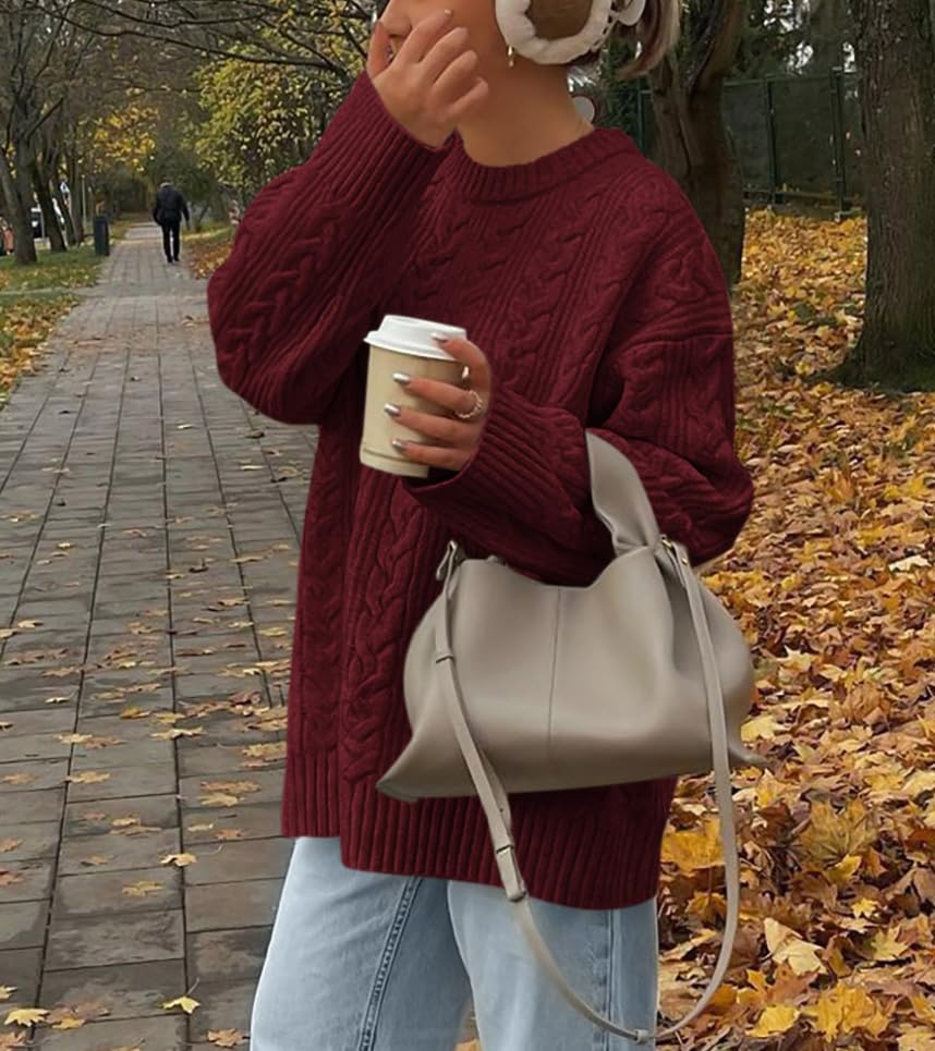 Okiwam Women's Oversized Sweaters Crewneck Cable Knit Pullover Casual Loose Fall Outfits Fashion Clothes 2025