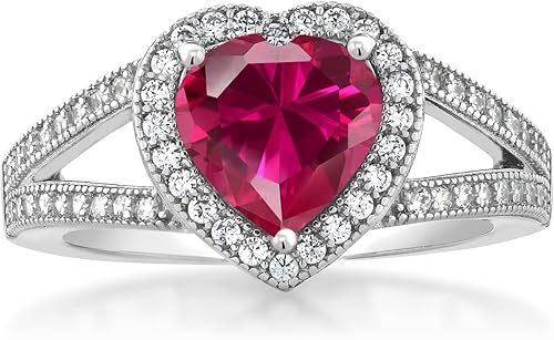 Miniatura 2 de Gem Stone King Anillo de plata de ley 925 con rubí creado en rojo y moissanita para mujer 241 quilates forma de corazón de 0315in disponible en
