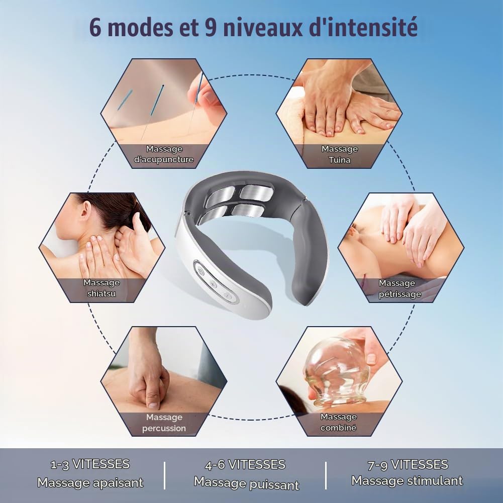 Aolso Masseur Cervical, Masseur de Cou Electriqueavec Thérapie Thermique à 42°C, 6 Modes 9 Intensités Massage Cervicales et Cou Portable, Masseur Cervicales et Cou Chauffant Pour Maison, Bureau