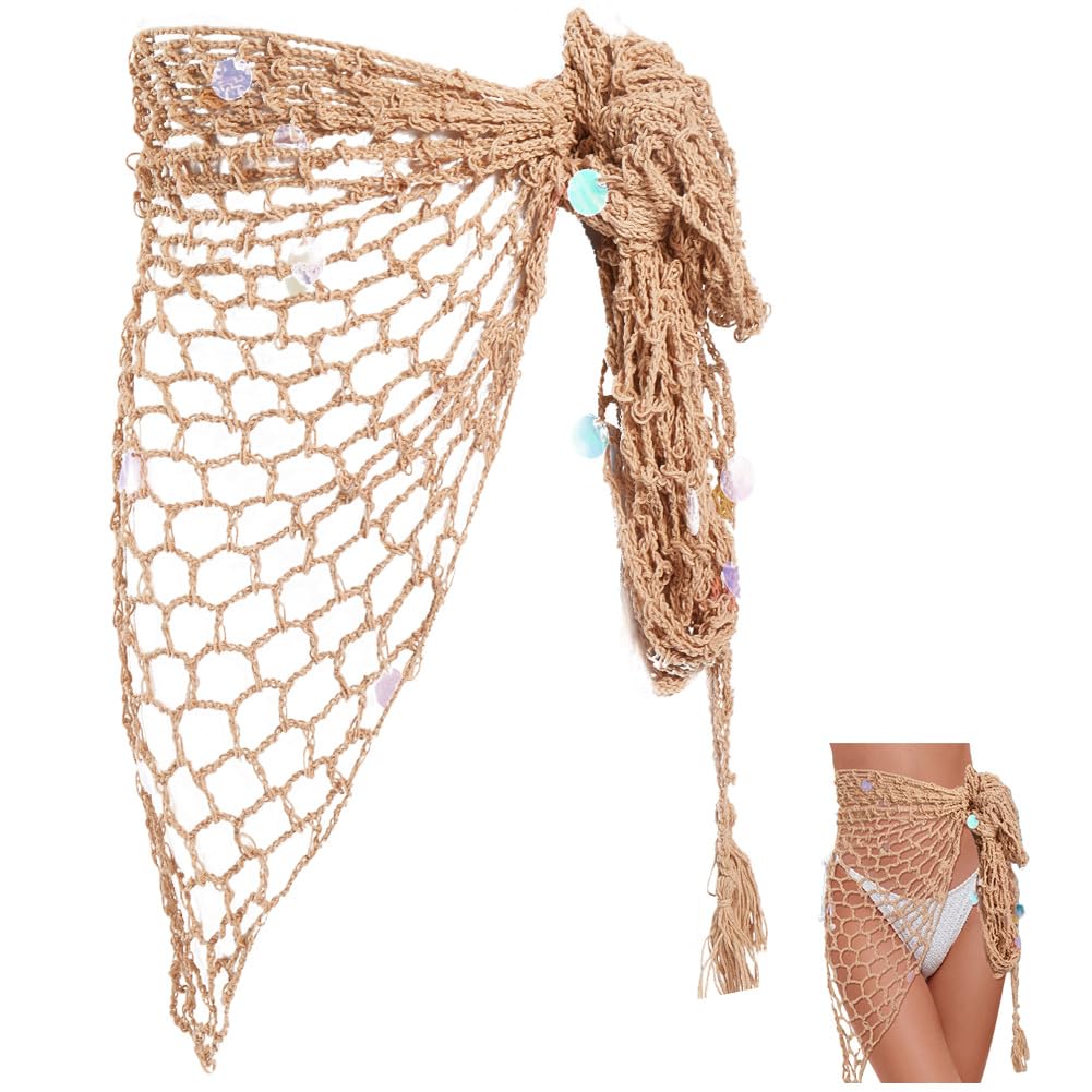 Jupe cache maillot en crochet ajouré ornée de paillettes scintillantes et pompons bohèmes