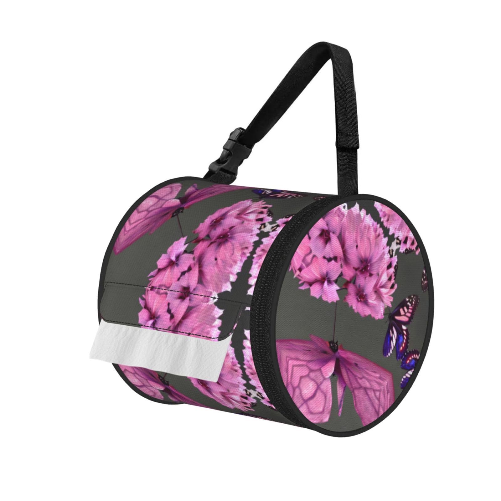 Jiuty Black Butterflies Flowers Print Cylinder Tissue Organizer Bag With Strap, Portable Toilet Roll Holder For Camping Car