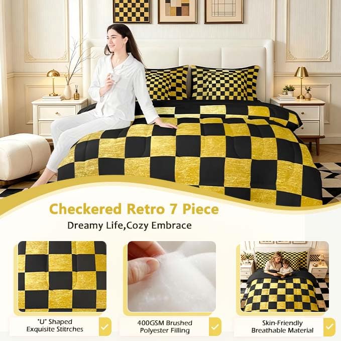 Image of Checkered Retro Comforter Set With Sheets 7 Piece Twin Size Golden Black Plaid Bed in a Bag Kids Boys Girls Geometric Vintage Bedding Set Modern Simple Groovy Aesthetic Bedroom Decor Breathable Soft