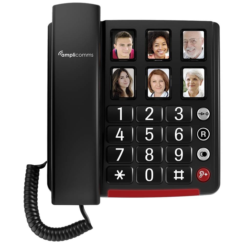 Amplicomms BigTel 40 Plus, téléphone Filaire à Grande Touche, Six Boutons de numérotation directe Photo, Audio Boost 40dB, sonneries Extra Fortes, Compatible avec Les appareils auditifs
