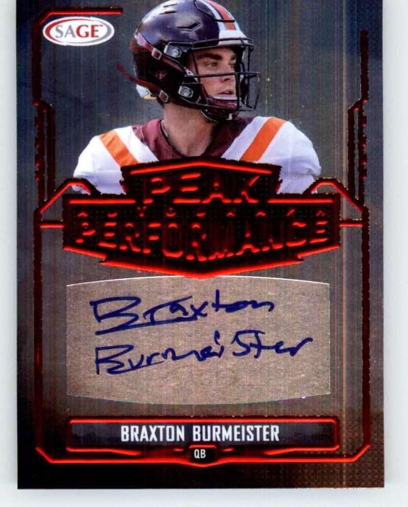 2022 Sage Low Series Peak Performance Autograph Red #PK-BB2 Braxton Burmeister Auto Autograph Virginia Tech Hokies Prospect Football Trading Card in Raw (NM or Better) Condition