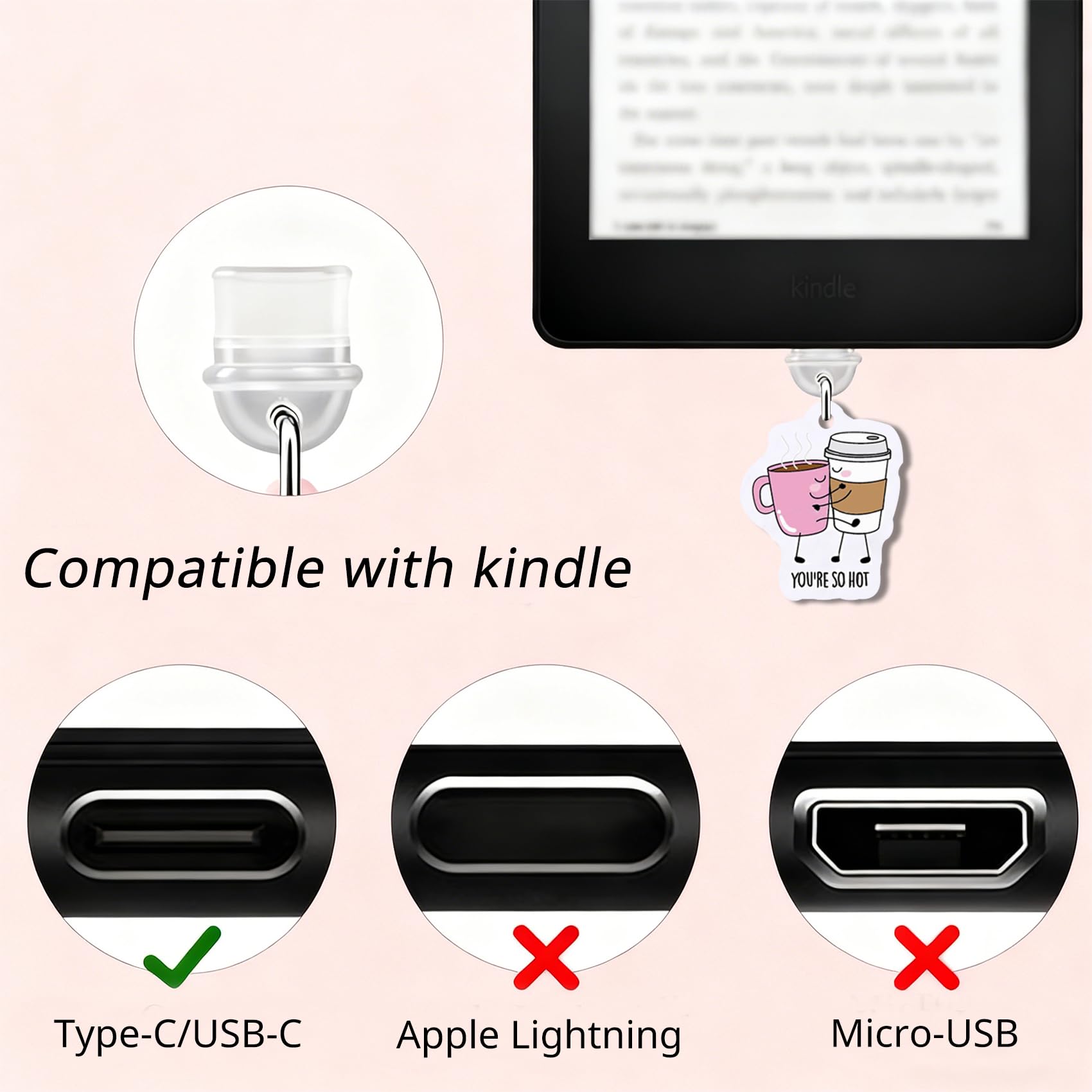 Staubschutzstecker für E-Reader, Kindle, Zubehör, kompatibel mit Kindle-Tablets, Handy, iPad, Typ C, Ladeanschluss, Geschenk für Buchliebhaber, Studenten, Lehrer, Freunde, Mutter, Frauen, Männer
