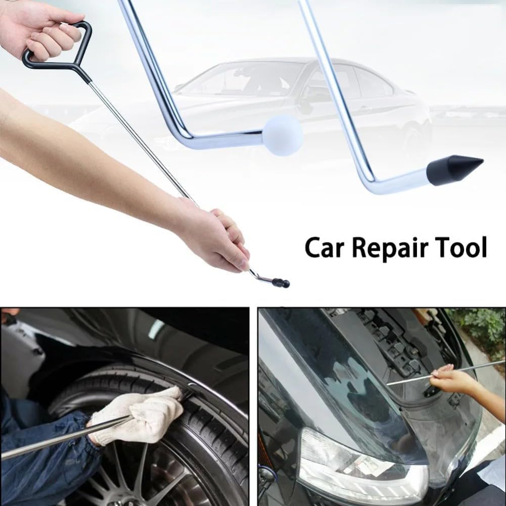 2-in- Car Dent Repair Tool Kit - Stainless Steel PDR Crowbar with Interable Heads & Push Rods for Easy Paintless Dent Removal