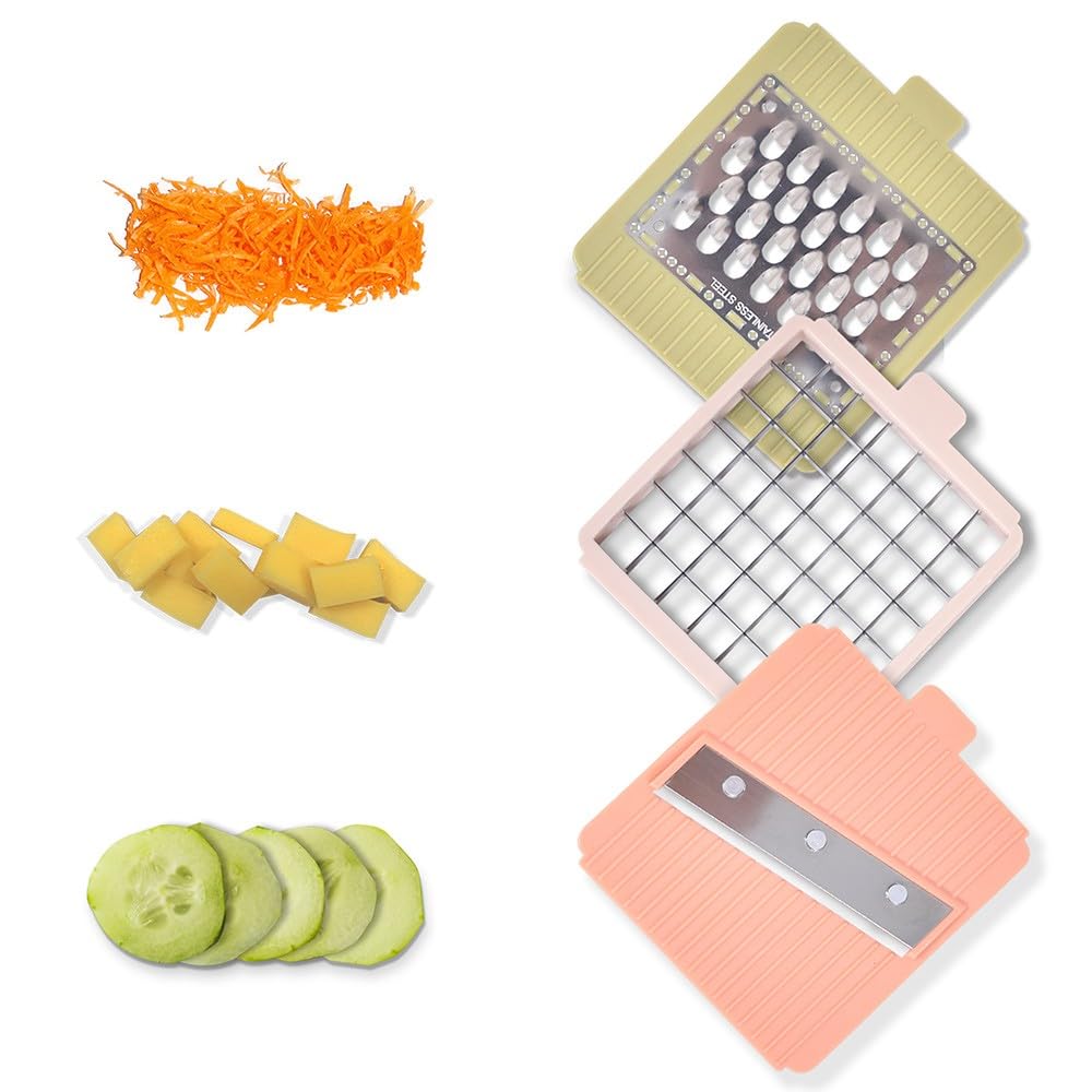 Durandal Coupe légumes et fruits sécurisé 3 lames inox tranche découpe frites rondelles dés râpe fromage bac récupérateur