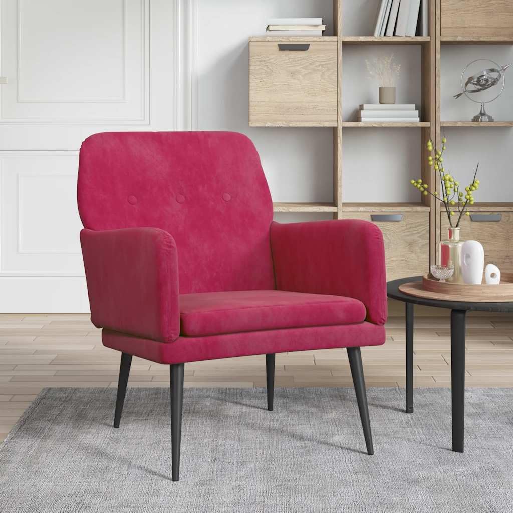 Poltrona imbottita con braccioli in tessuto di velluto rosso vinaccia, comoda poltrona con schienale e struttura in metallo per relax e comfort