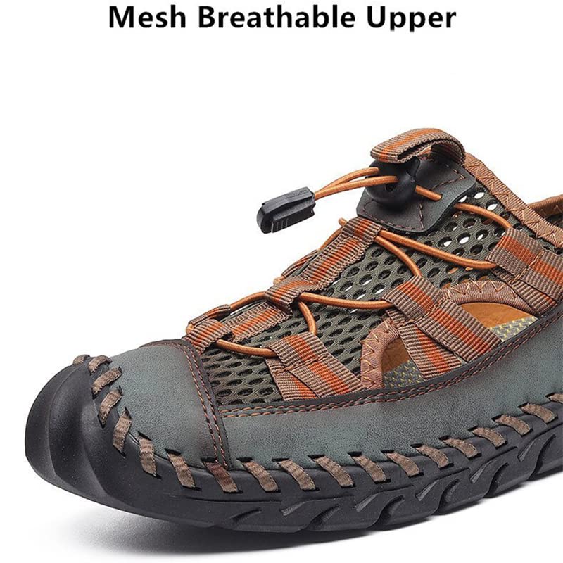 Recyphi Men's Sandals Closed Toe Mesh Splicing Outdoor Leather Sandals Breathable Summer Fisherman Shoes2