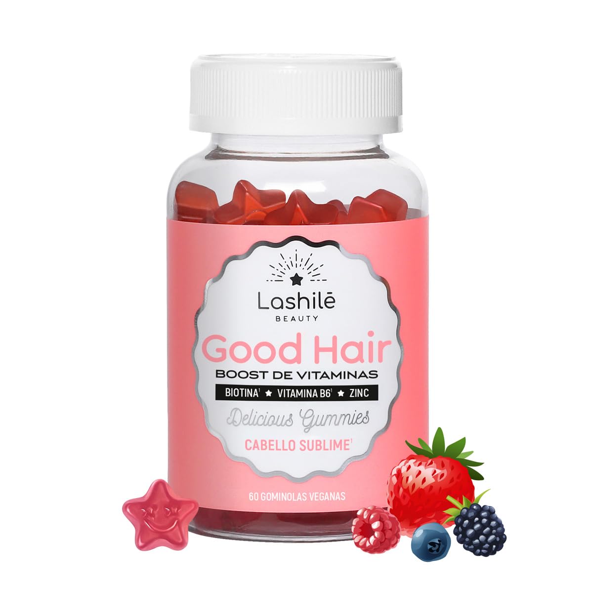 Lashilé Beauty - Complementos Alimenticios - Crecimiento acelerado, crecimiento y fortalecimiento del cabello - Good Hair - Fabricado en Francia - Biotina, Zinc, Vitamina B8, C, B6-​60 Gummies