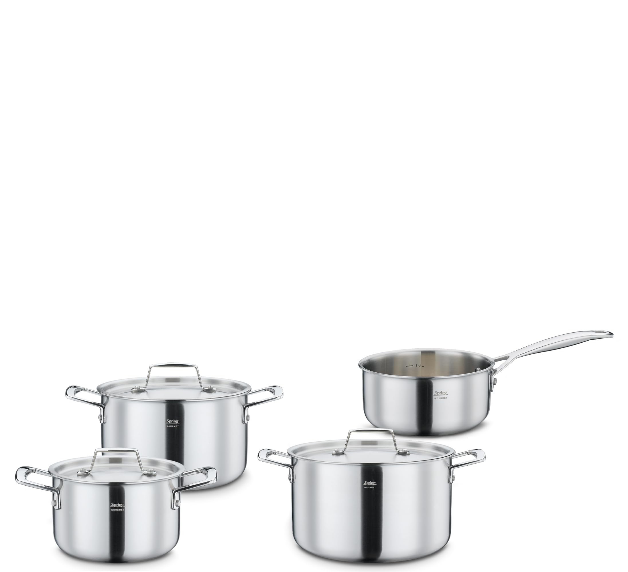 Spring Gourmet 4-Piece Saucepan and Lids, Multilayer Stainless Steel 18/0 Outside 18/10 Inner with Aluminium Core, Suitable for Induction Cookers, 1.4 L, 2.0 L, 2.7 L, 3.7 L Cooking Pot Set