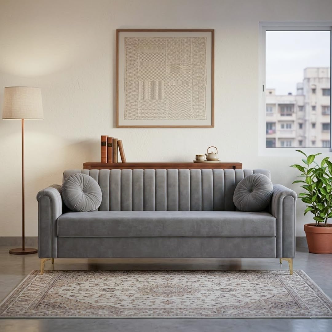 FURNY Dorino 3 Seater Fabric Sofa Set (Light Grey) Premium Velvet Finish Durable & Comfortable Ideal for Living Room