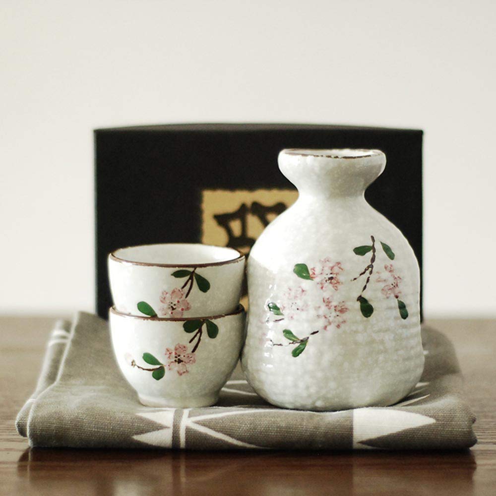 Juego de Sake japonés de 3 Piezas, Juego de Tazas de Sake de Sakura Pintado a Mano, Esmalte de Copo de Nieve de cerámica, para frío/Calor/Shochu/té Familiares y