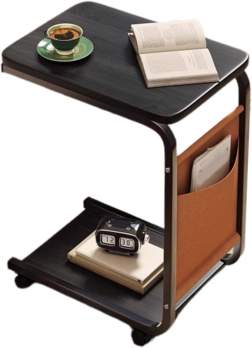 C-Shaped Side Table with 2-Tier Storage - Rolling Coffee Table on Wheels Versatile Sofa & TV Tray for Living Room Bedroom and Small Spaces