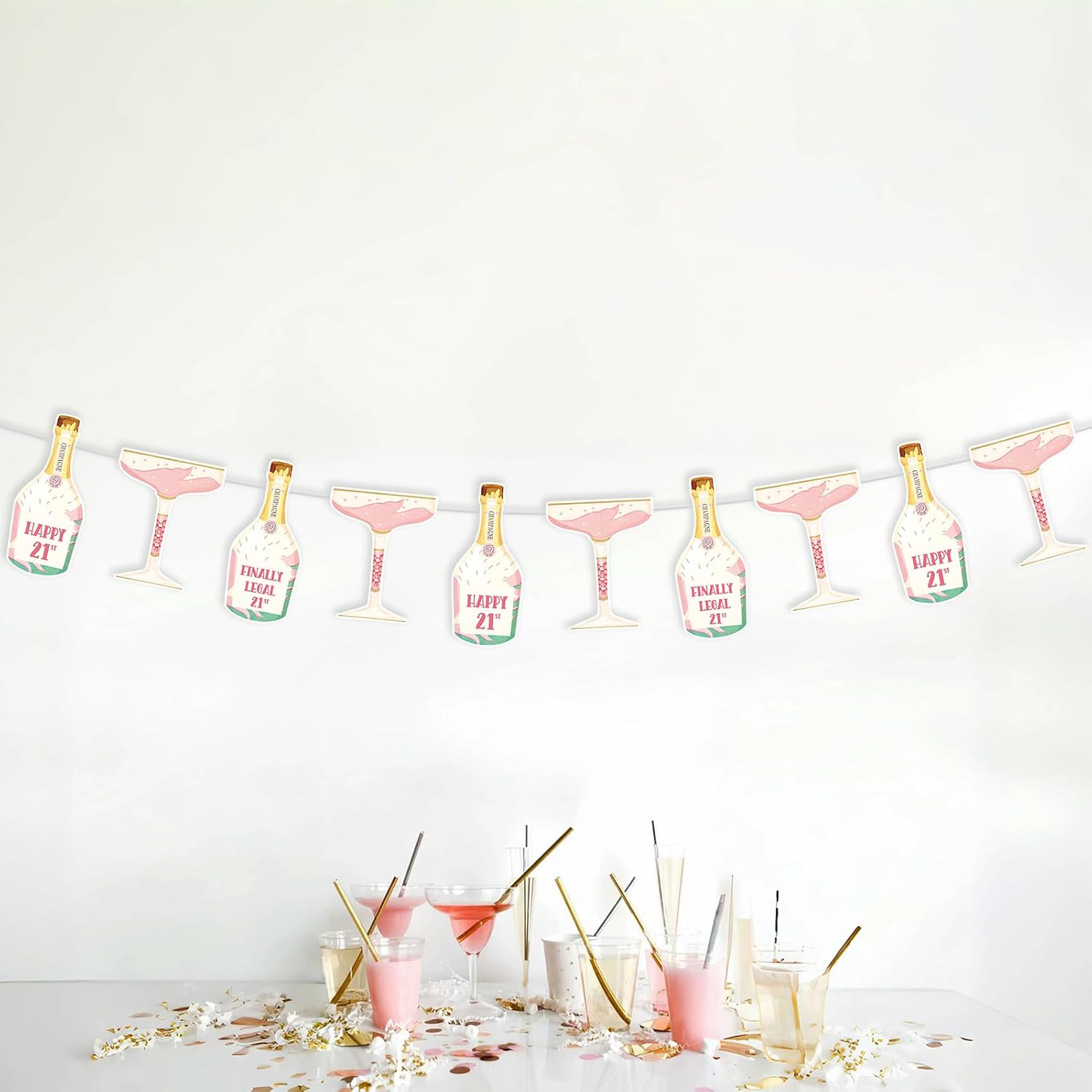 Pre-Strung 21st Birthday Decorations Pink Champagne Wine Bottle Martini Banner For Her, Happy 21st Bday Party, Finally Legal 21, Cheers to 21