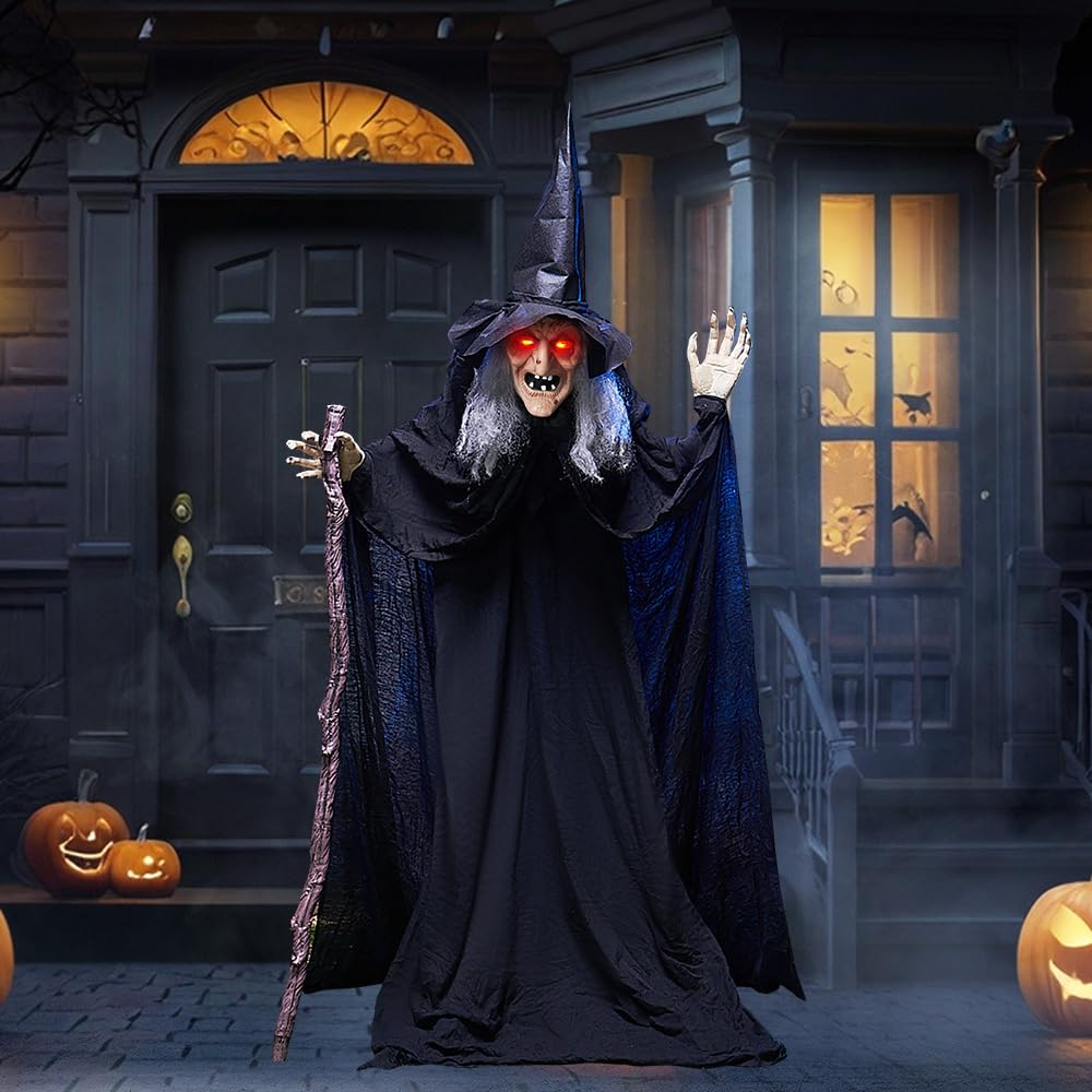 JOYIN 1,8 m Halloween Animatronics Strega con canna, decorazioni di Halloween a grandezza naturale con suono raccapricciante e occhi luminosi, attivazione del suono animata casa infestata puntello