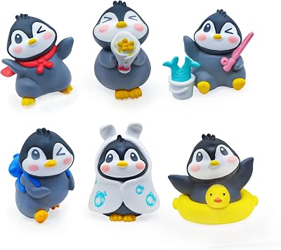 6Pack Mini Cute Penguin Figures Cake Toppers, Lovely Penguin Characters Fairy Toys for Kids Birthday Christmas Party Favors Decoration