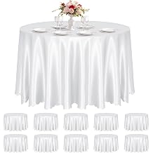 KKJIAF 10 Pack White Satin Round Tablecloth 108 Inch, Silky Satin Round Table Cover, Overlay Dining Table Cloths for Wedding Buffet Parties Banquet Decoration
