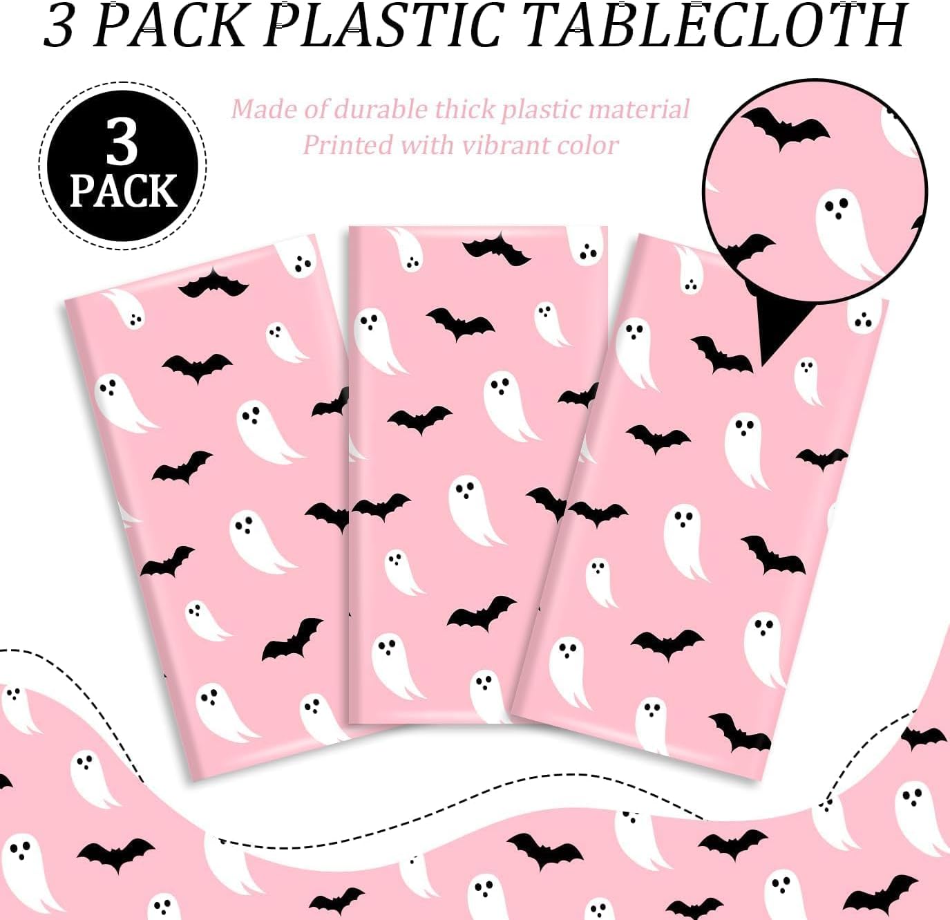 3PCS Pink Halloween Cute Ghosts Bats Plastic Waterproof Tablecloths Disposable Rectangular Table Cloths 54x108IN for Kids Girls Dining Table Decorations