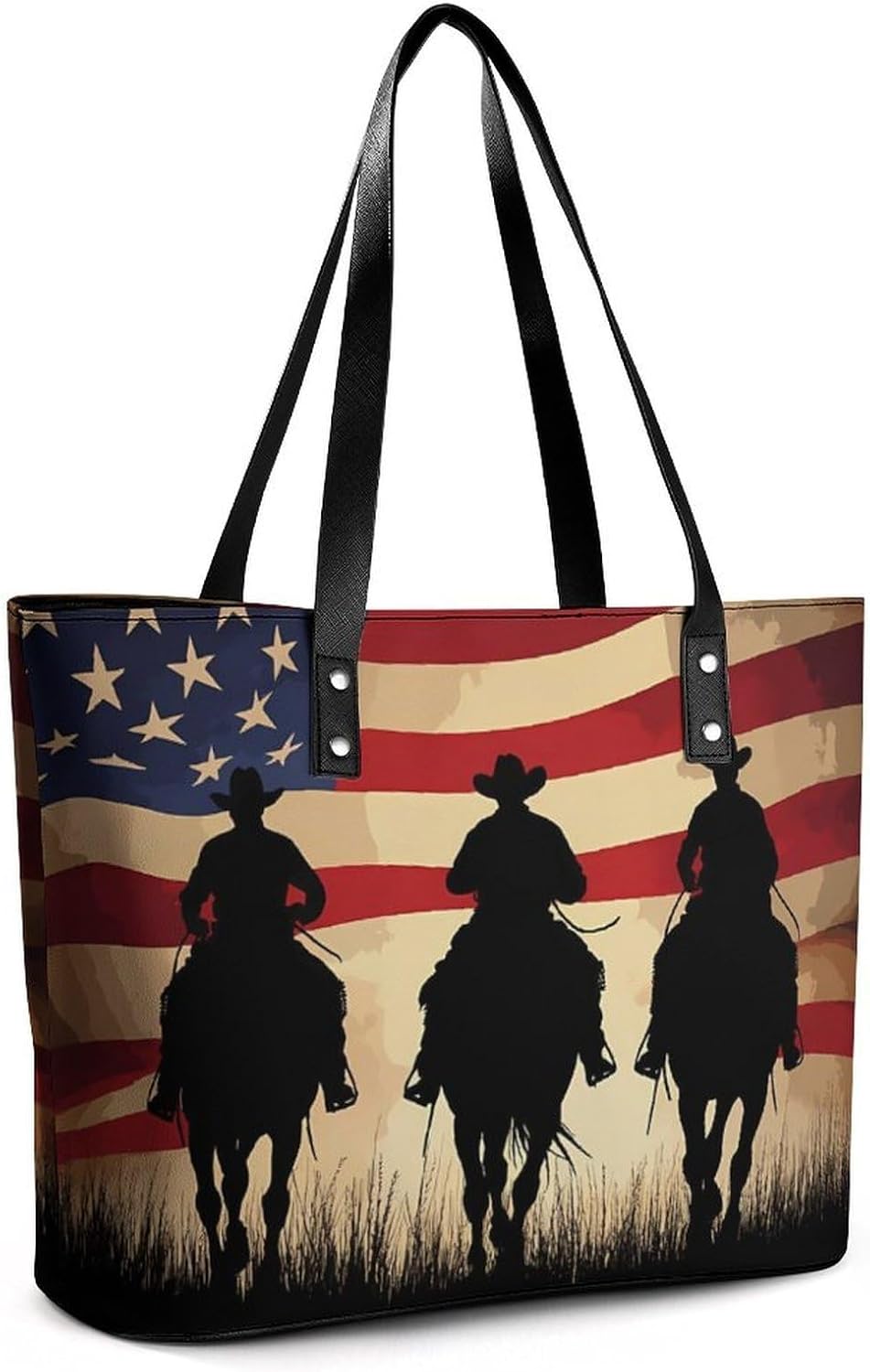 U.S Flag Riding Horse Womens Handbag Leather Tote Bag Shoulder Bag for Office Travel