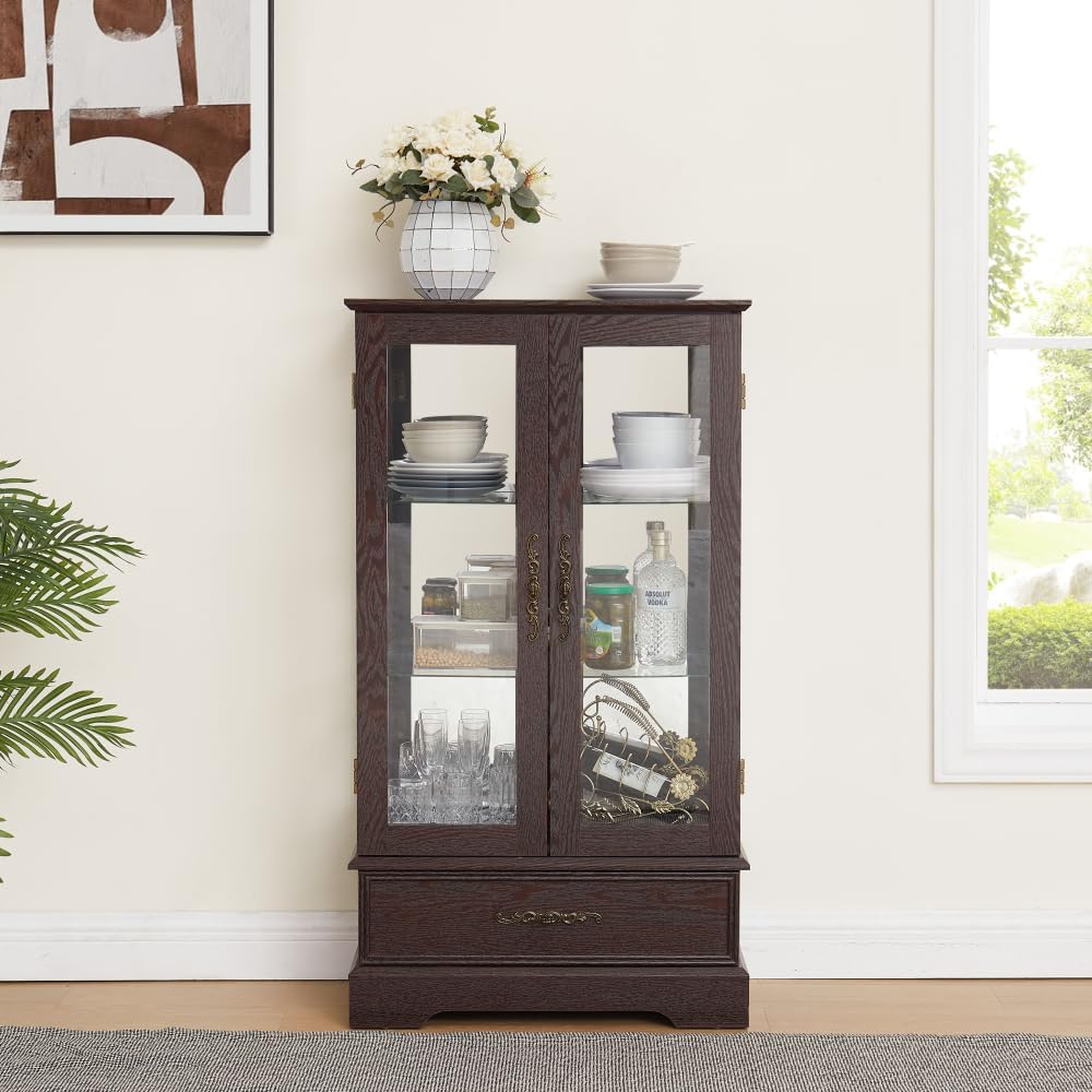 Vintage Style Glass Display Cabinet, Antique Cabinet with Lighting, Equipped with one Drawer, Three Adjustable Shelves, and LED Lighting (Cherry + MDF+Glass)