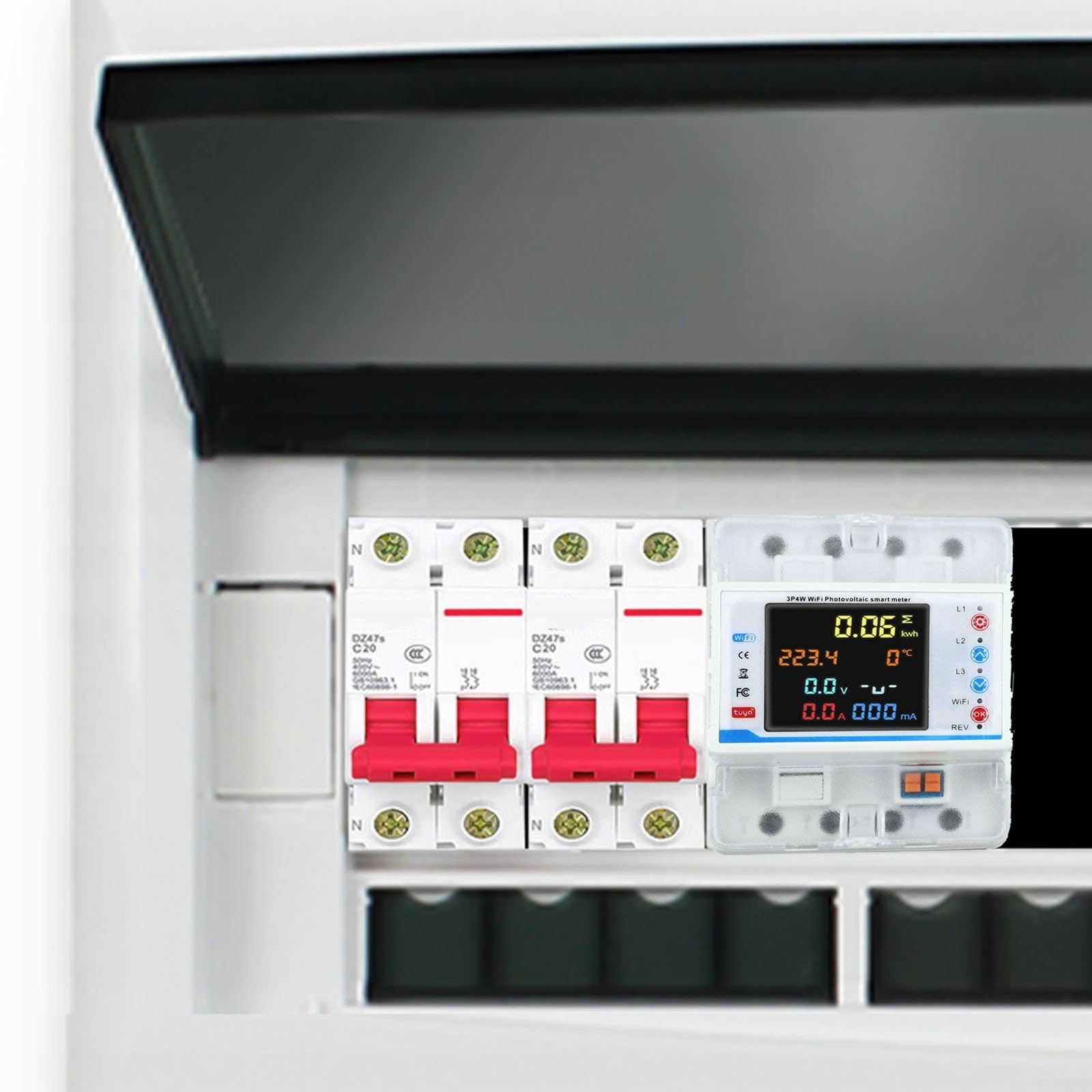Tuya Smart - Contador de corriente de 3 fases con WiFi, 100 A, medición bidireccional para sistemas fotovoltaicos, pantalla LCD, protección contra sobretensiones, carril DIN