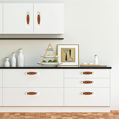 Miniatura 5 de Asidrama Paquete de 5 tiradores de cuero marrón de 5 pulgadas (5.039 in) para cajones, tiradores de gabinete de color dorado cepillado, manijas de