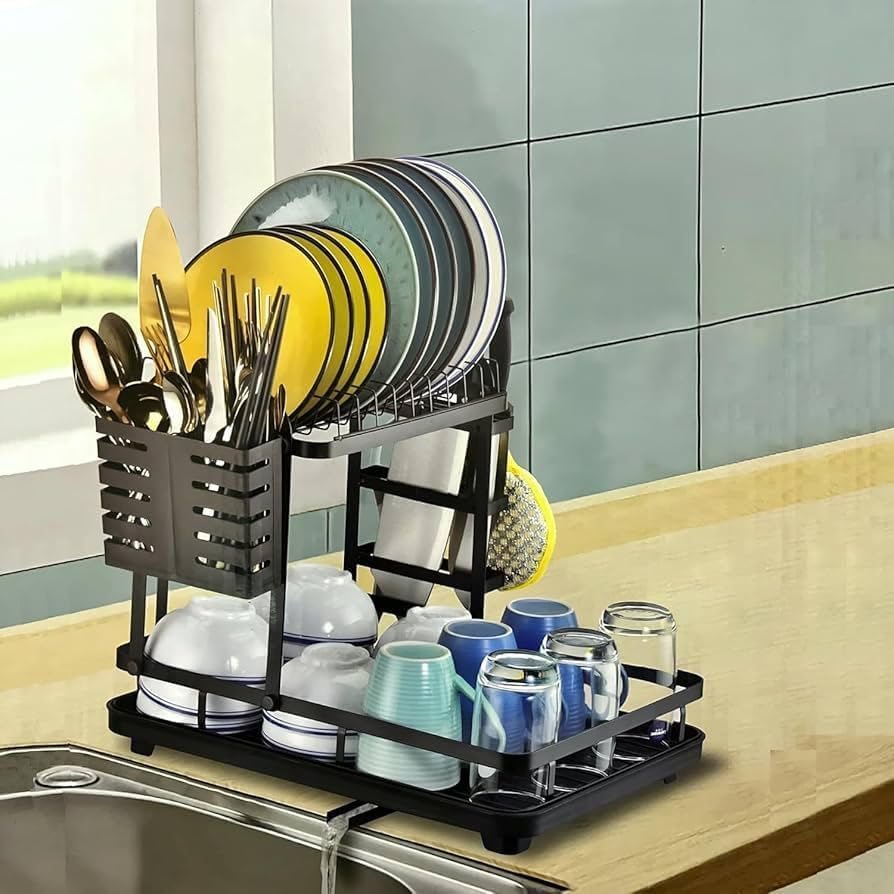 Image of Amazon Brand - Umi 2-Tier Dish Drying Rack with Cutlery Holder for Kitchen Counter, Kitchen Storage Rack, Utensil Rack, Cups and Plates Storage Organizer, Rotating Drainer Board (42x30x33cm)