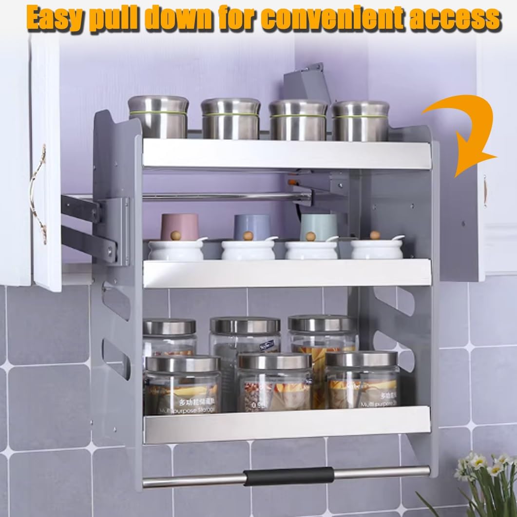 Organizer estraibile per armadietti, scaffale a 3 ripiani per mobili da cucina superiori, cestino salvaspazio per sollevare la mensola della cucina