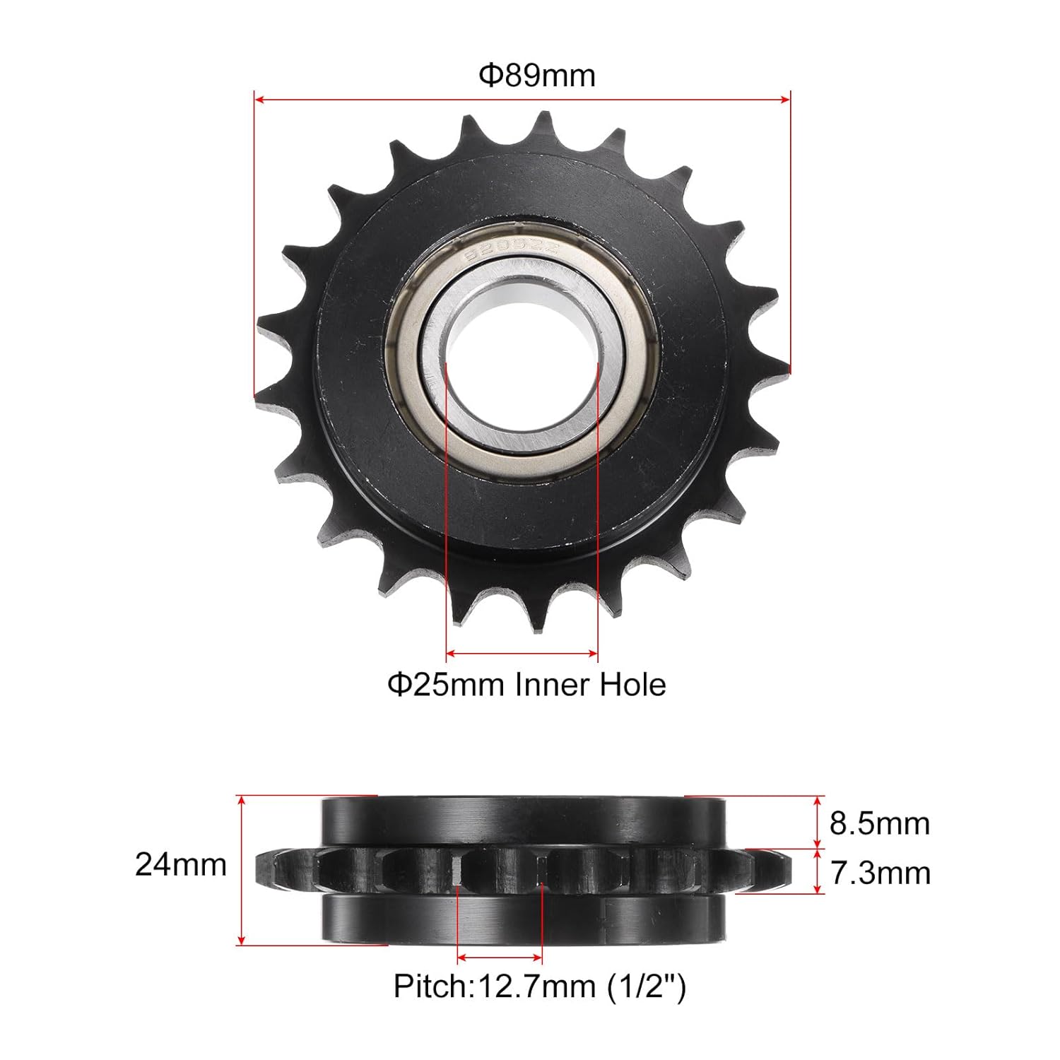 uxcell 2pcs DIN(ISO) 08B Roller Chain Idler Sprocket 25mm Bore, 1/2" Pitch, Hardened 21 Tooth Tensioner Sprocket, Insert Single Bearing (B Type)