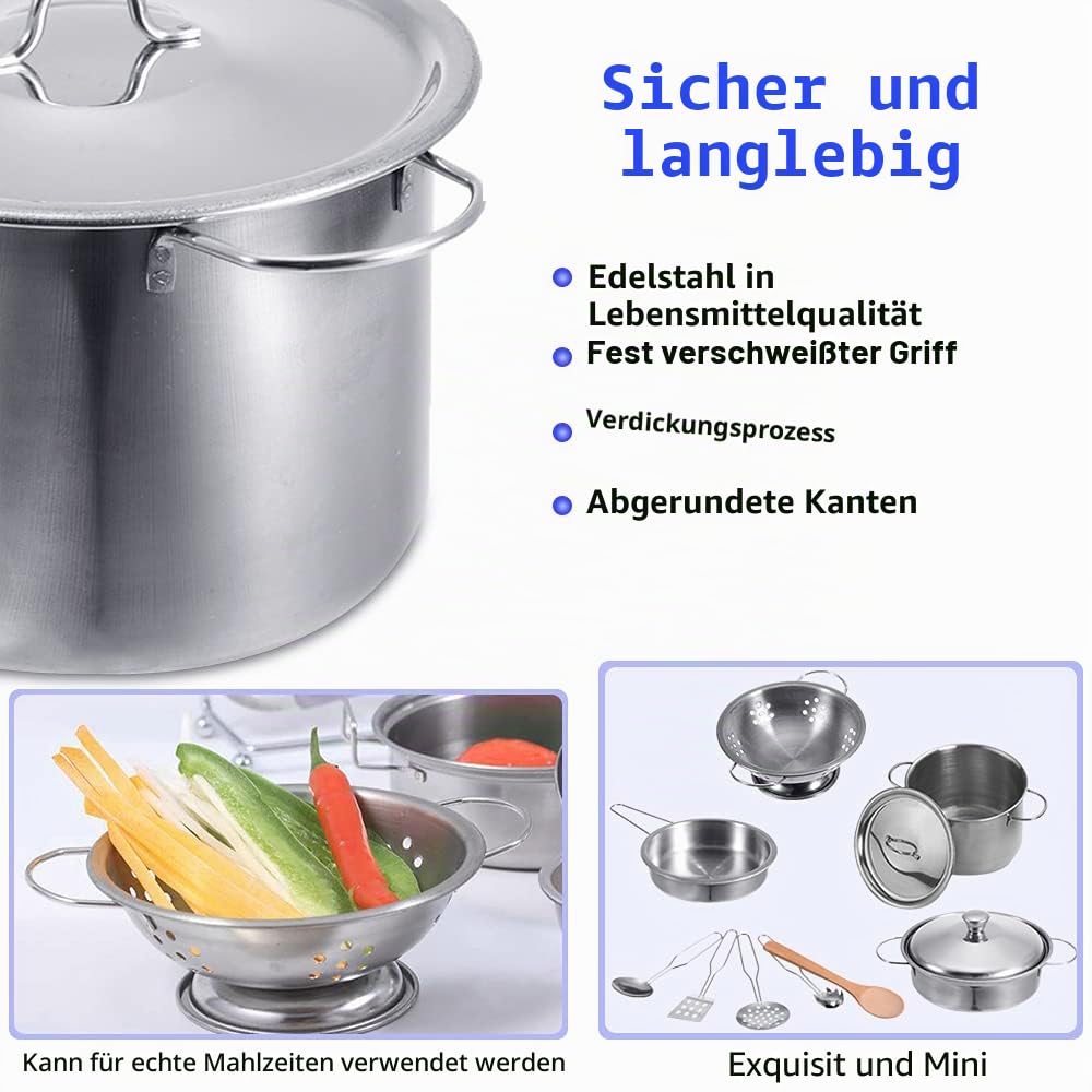 Edelstahl Pretending Cooking Utensils Kochgeschirr Set, Mini Play Kitchen Zubehör, Spielen Töpfe und Pfannen Spielzeug in einem goldenen Stoffbeutel für Kinder Kleinkinder verpackt