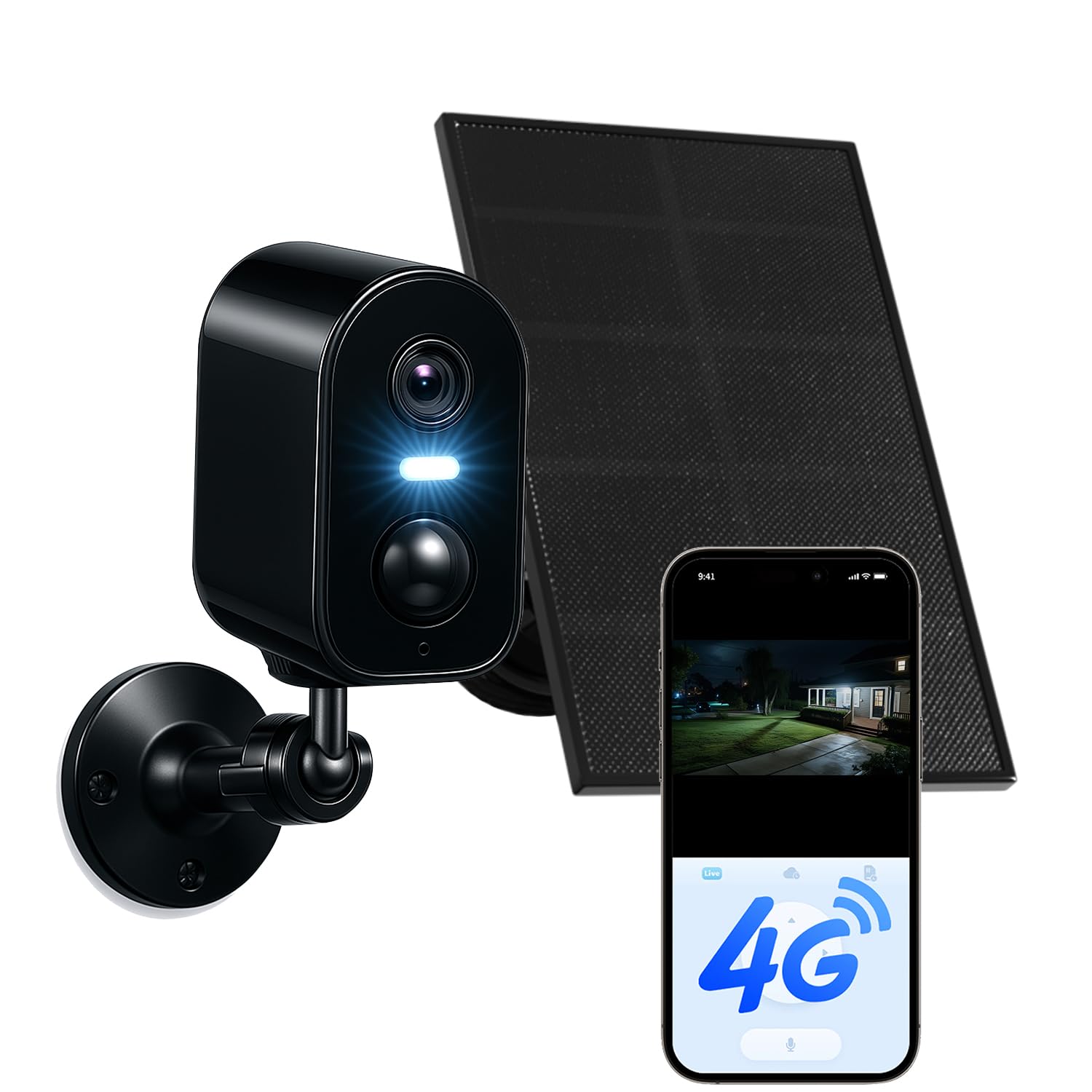 KKB Caméra Solaire 4G LTE sans WiFi avec vSIM Intégrée, Caméra Extérieure 2K avec Panneau Solaire 3W, Batterie 5200mAh, Vision Nocturne Couleur, Audio Bidirectionnel, IP65 Étanche