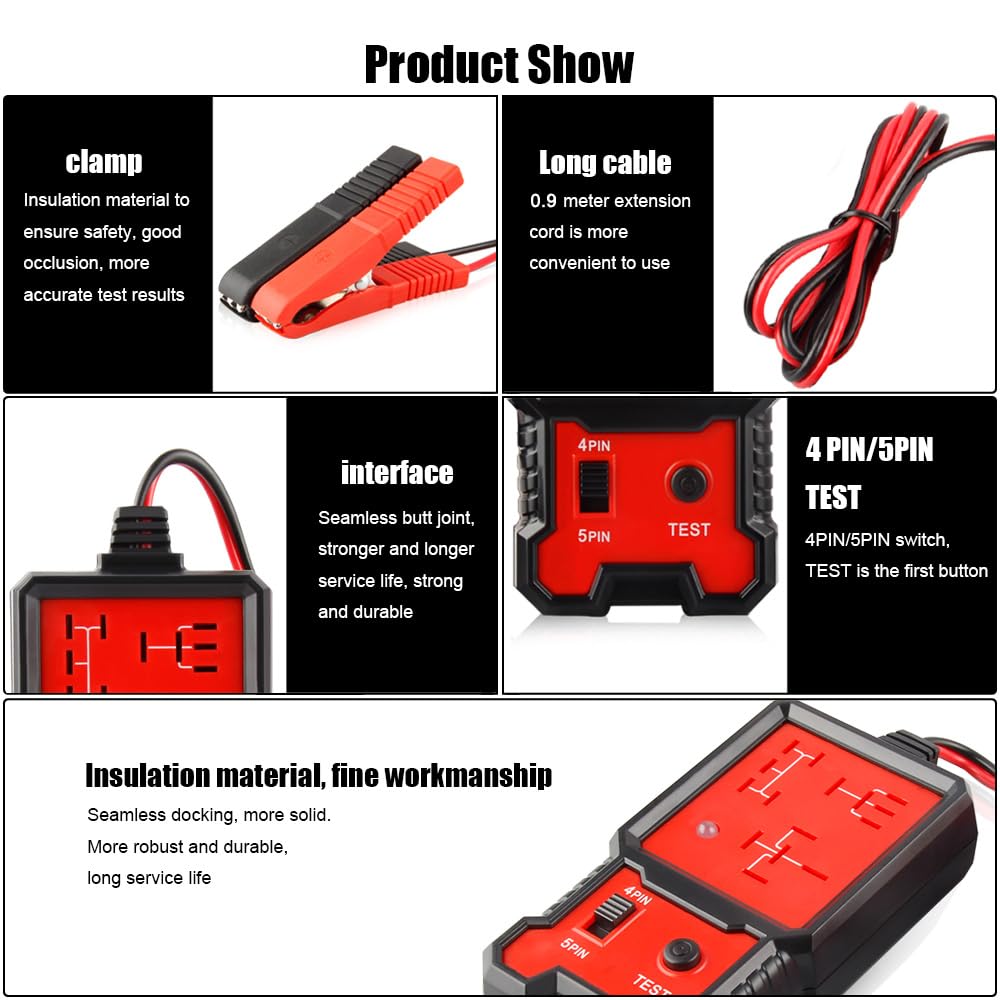 Greluma 1 Pièce Testeur de relais de voiture,vérificateur de relais électronique 12 V,testeur de batterie de voiture avec clips pour réparation automatique,outil de diagnostic de relais de voiture