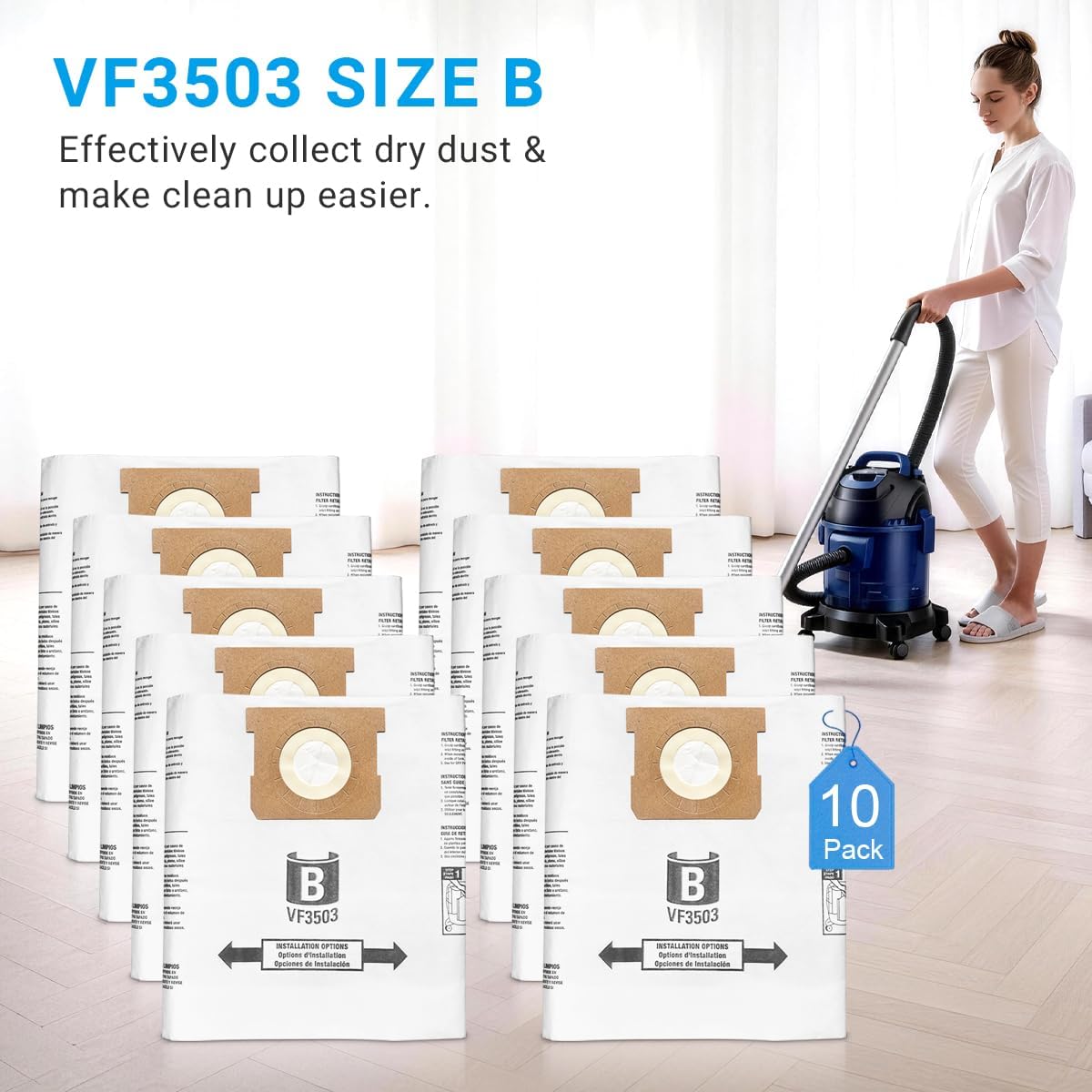 VF3503 Vacuum Bags Compatible with Ridgid 5 to 10 Gallon Wet/Dry Vacs, Size B(10 Pack)