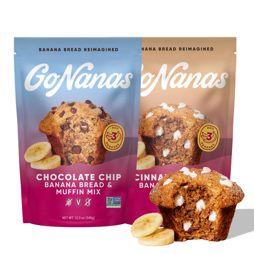 GoNanas Banana Bread Mix - Bundle of 2 Flavors. Vegan, Gluten Free Healthy Snacks. Oat Flour Banana Bread or Banana Muffin Mix. Women Owned, US Ingredients, Dairy Free, Nut Free, Delicious Snacks