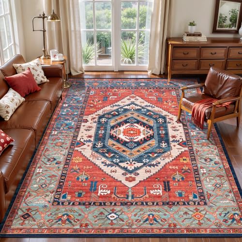 SERISSA Area Rug 4x6 Boho Rugs for Bedroom, Washable Non-Slip Living Room Rugs, Ultra Soft Vintage Print Distressed Rust Rug Low-Pile Throw Carpet for Entry Bedroom Nursery Kitchen Dorm Decor