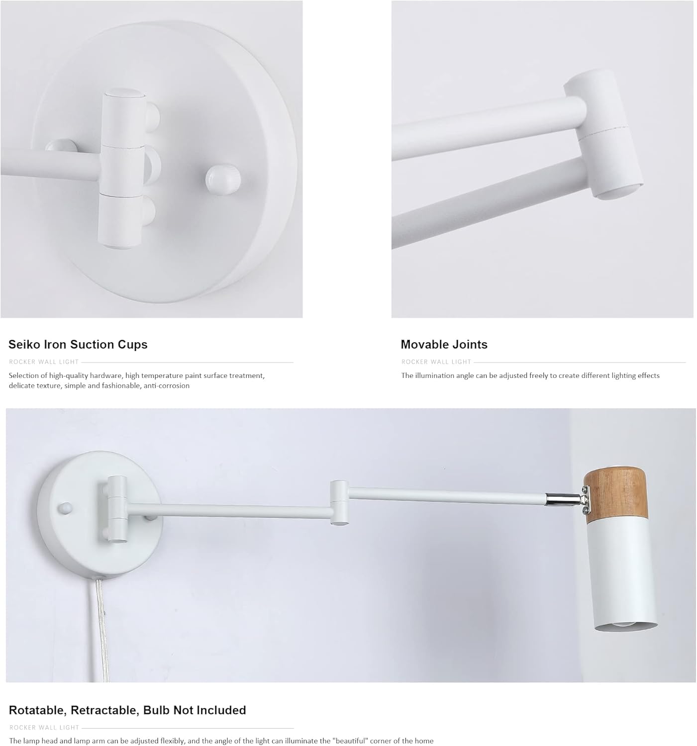 Industrial Swing Arm Wall Lamp Sconce with Plug in Cord, Modern White Finish with Wood Head, E26 LED Wall Lights Adjustable Fixtures for Bedroom Bedside Rotation Reading Lamp Spotlight