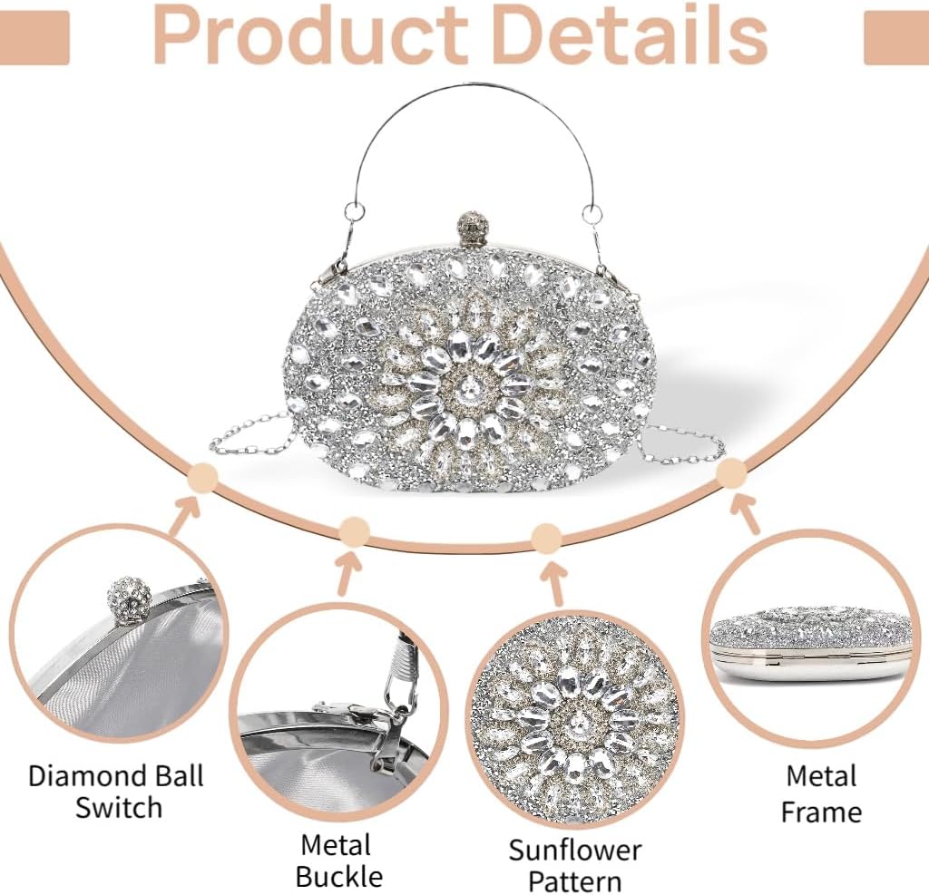 WRINGKIT Rhinestone Clutch Purses for Women, Small Sparkly Silver Evening Clutch Bag, Glitter Luxury Purse Handbag Shoulder Bags for Bridal Wedding Formal Party Prom, Crystal Diamond Bag