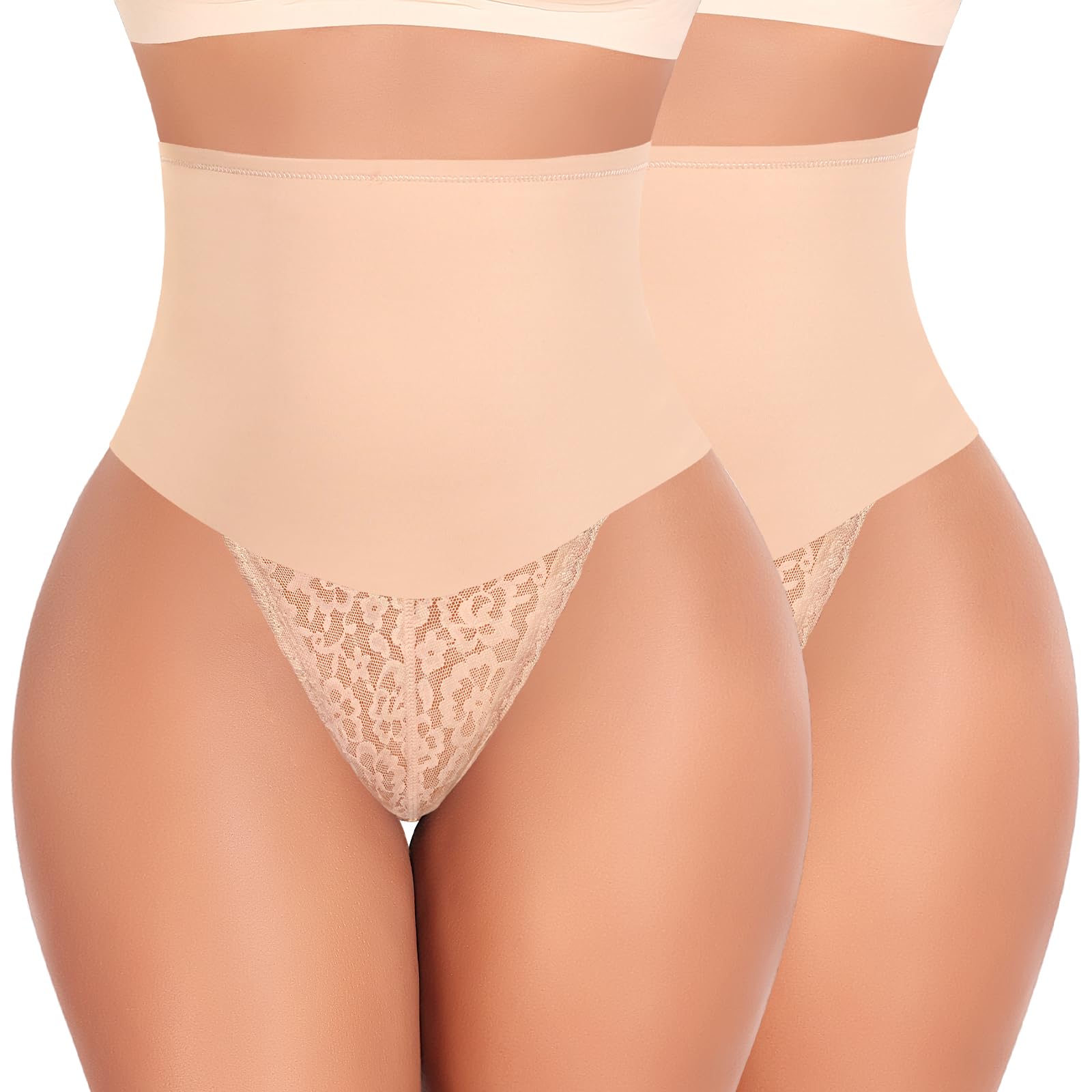 Werena Tummy Control Thong Shapewear for Women Mid High Waisted Body Shaper Underwear Lace Shaping Thong Girdle Panties