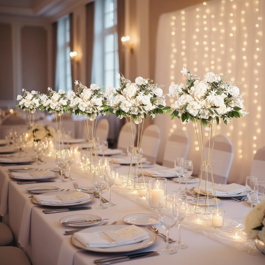 Gold Vases Centerpieces for Wedding Geometric Metal Flower Stand for Tables Bulk, 4pcs 23.6” Tall Trumpet Vases for Centerpieces Party Dinner Anniversary Ceremony