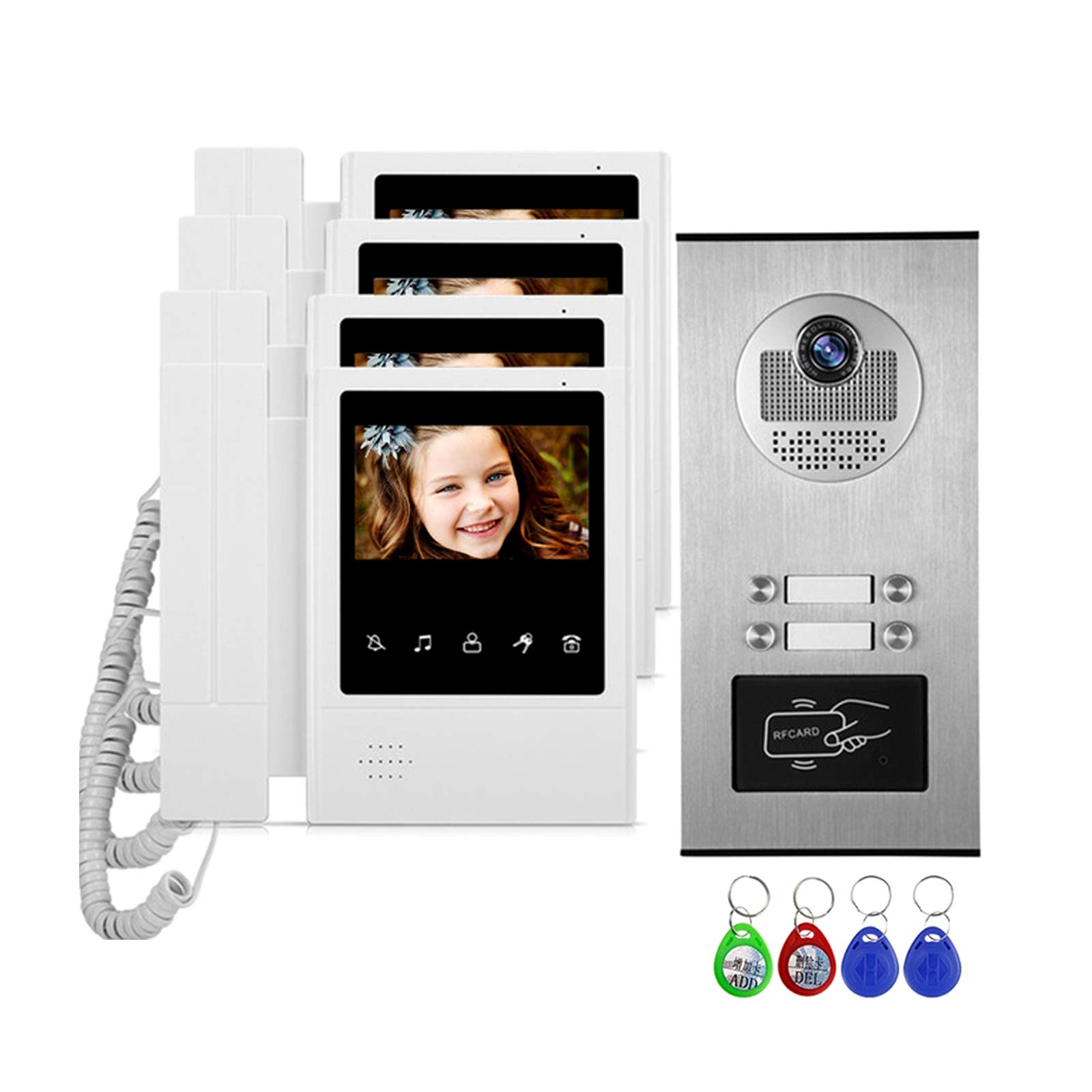ANJIELO SMART Video Door Phone 4.3'' TFT Wired Video Intercom Doorbell System RFID Camera with 2/3/4 Monitor Doorphone for Multi Apartment EM Key Unlock (4M1B)