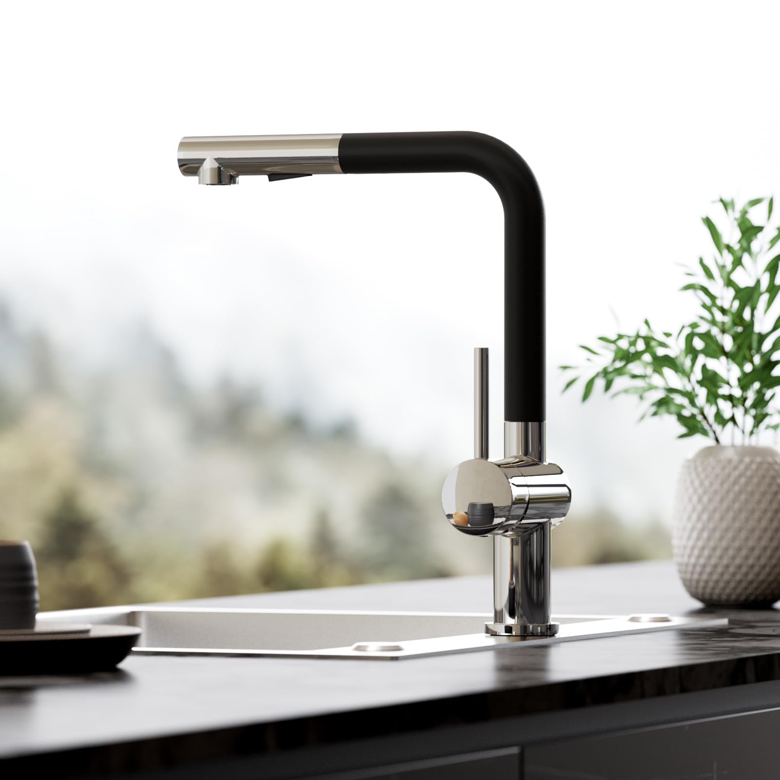 CECIPA Grifo Cocina, Grifo Cocina Fregadero Extraíble con dos Modos Chorro, Mezclador con Palanca única para Fregadero, Giratorio 360°, Aleación Zinc, Negro-Cromo