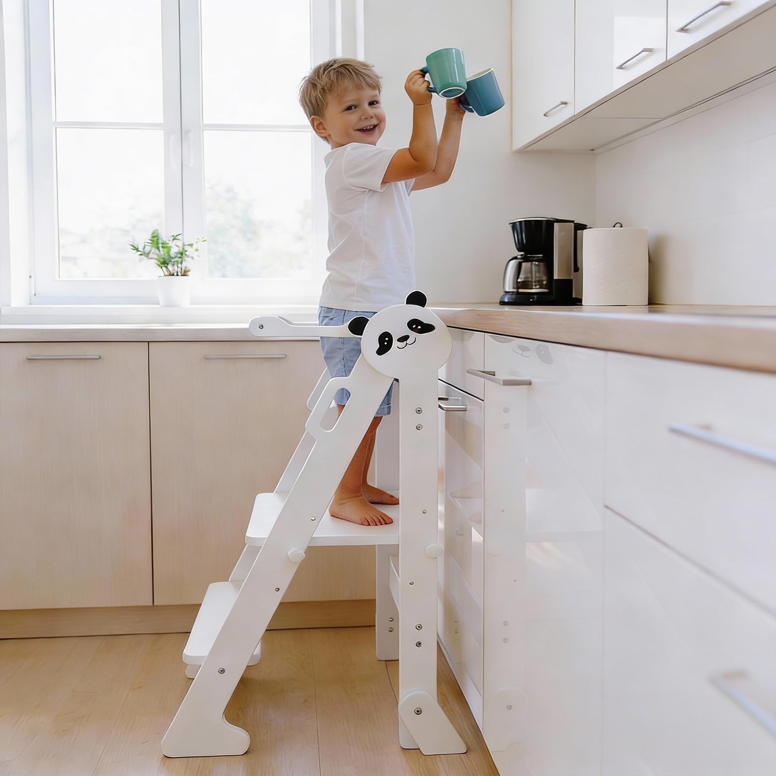 Montessori Foldable Learning Tower - 3-Level Adjustable Toddler Tower with Anti-Tipping Feet, Ultra-Stable with Thicker 1.8cm Birth Plywood, Includes Montessori Wooden Knife (White)